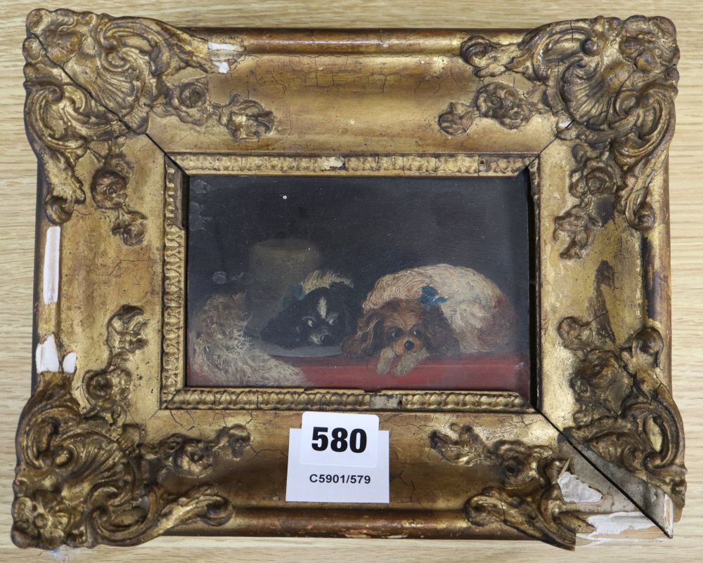 After Landseer, oil on millboard, King Charles Spaniels, 9 x 14cm